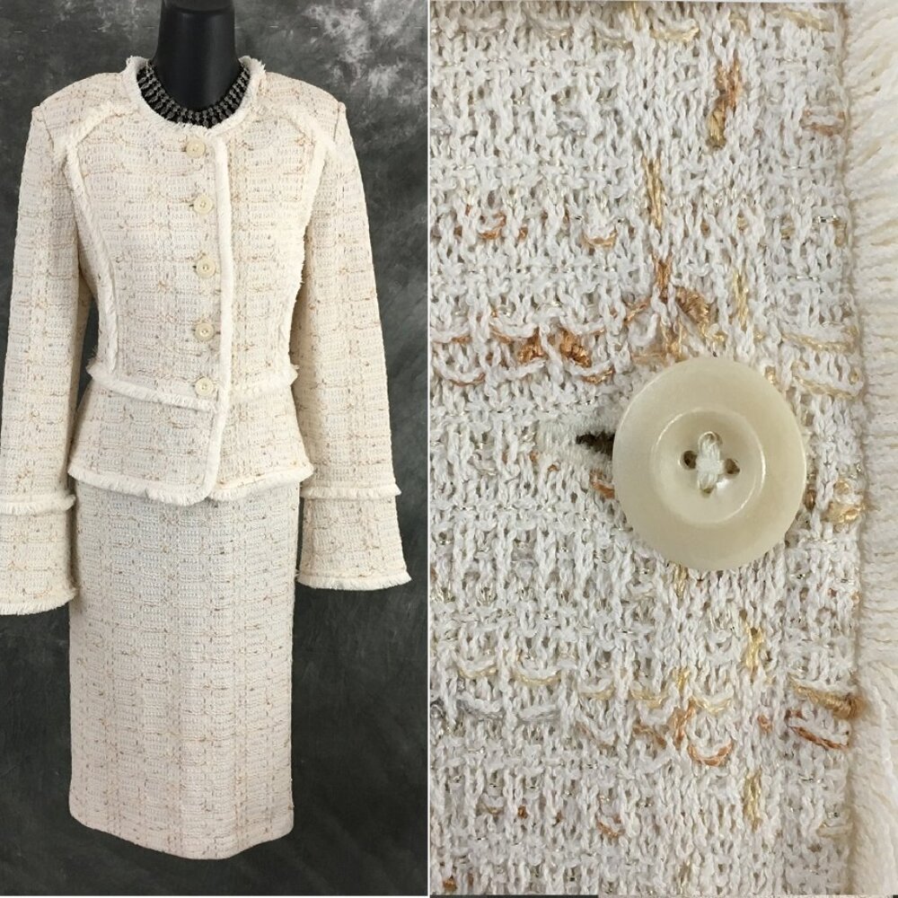 BEAUTIFUL St John knit white multi fringe jacket dress suit size 8